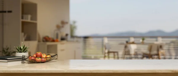 Kopieren Sie Platz Für Ihre Produktpräsentation Auf Marmorweißer Küchentischplatte Mit — Stockfoto