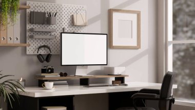 Modern, aydınlık bir ofis çalışma alanının yan görüntüsü ya da ev stüdyosunun iç mimarisi masa, kulaklık ve beyaz tahta üzerinde kırtasiye malzemesi. 3d görüntüleme, 3d illüstrasyon