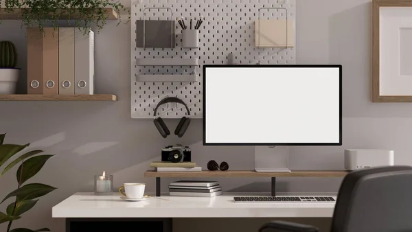 现代办公空间或室内家庭工作室 桌子上有电脑模拟和装饰 耳机和文具在白板上 壁橱上有文件文件 3D渲染 3D说明 — 图库照片