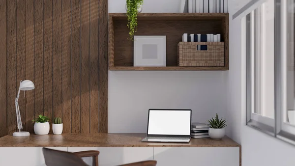 Minimalna Przestrzeń Robocza Stylu Białym Drewnianym Makieta Laptopa Drewnianym Stole — Zdjęcie stockowe