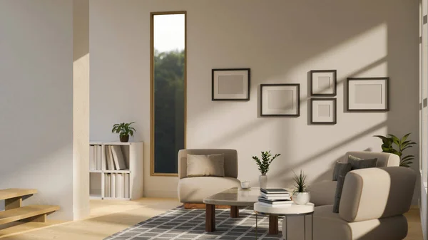 快適なソファ コーヒーテーブル 屋内観葉植物 白い壁に家の装飾やフレームモックアップと居心地の良い最小限と現代的なリビングルームのインテリアデザイン 3Dレンダリング 3Dイラスト — ストック写真
