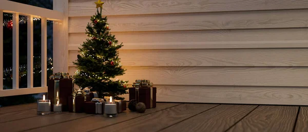 Przytulny Taras Boże Narodzenie Projekt Wakacje Pięknym Choinki Świece Pudełka — Zdjęcie stockowe