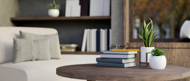 Yakın plan görüntü, güzel ve rahat oturma odasında dekorasyonu olan ahşap bir sehpa. 3d görüntüleme, 3d illüstrasyon