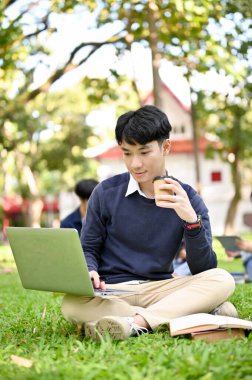 Portre, zeki ve yakışıklı Asyalı erkek üniversite öğrencisi dizüstü bilgisayarla okul projesine konsantre oluyor ve kampüsün parkında otururken kahvesini yudumluyor..