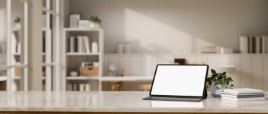 Yakın plan görüntü, çalışma alanı, portatif dijital tablet beyaz ekran modeli, dekor ve kopya alanı ile en az beyaz ev çalışma odasının bulanık arkaplanı üzerinde. 3d görüntüleme, 3d illüstrasyon