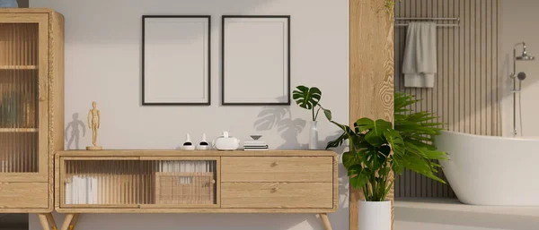 Scandinavian minimal home living room interior design with bathroom with bathtub in the background. wood furnitures, cabinet, indoor plants, frame mockup on white wall. 3d render, 3d illustration