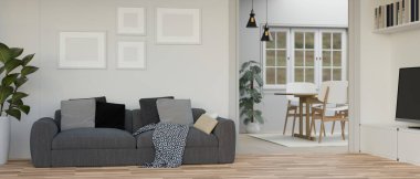 Rahat İskandinav oturma odası iç tasarımı rahat kanepe, dahili raflar ve televizyon dolabı çerçeveler beyaz duvar ve ev bitkileri. 3d görüntüleme, 3d illüstrasyon