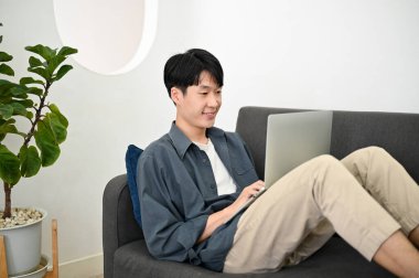 Oturma odasındaki kanepede dizüstü bilgisayar kullanan sıradan giysili yakışıklı bir Asyalı. İnternet taraması, web sitesinde kaydırma, çevrimiçi proje, uzaktan çalışma, evden çalışma.