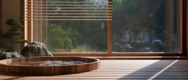 Beautiful natural Japanese Onsen spa with classic round wooden bath near the window with beautiful nature garden view.  3d render, 3d illustration clipart