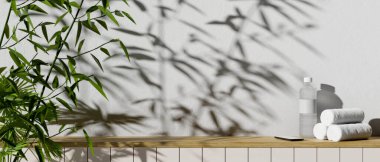 Yakın plan görüntü, bir şişe su, havlu, akıllı telefon ve ağaç gölgesi olan beyaz duvara karşı minimum ahşap bir masa üzerindeki kopyalama alanı. 3d görüntüleme, 3d illüstrasyon