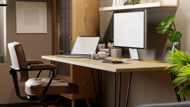 side view of a modern contemporary home office workspace with PC computer and notebook laptop white screen mockup, headphones and accessories on wood table. 3d render, 3d illustration