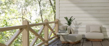 Comfortable and cozy outdoor relaxation space on classic wood balcony with beautiful nature view, comfortable chairs, side table, houseplants, wood plank wall and floor. 3d render, 3d illustration clipart