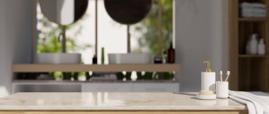 Luxury marble tabletop with bath accessories and copy space for montage your product display over blurred modern bathroom with double sink in the background. 3d render, 3d illustration