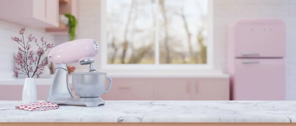 close-up, White marble kitchen tabletop with pastel pink stand mixer or dough mixer and copy space for product display over blurred background of beautiful pink kitchen. 3d render, 3d illustration
