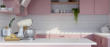 Empty space for product display on white tabletop with dough blender machine or dough mixer, bread basket and decor in minimal pastel pink kitchen interior style. 3d render, 3d illustration clipart