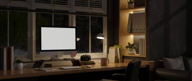 Modern and contemporary home working room at night with PC desktop computer mockup, light from table lamp and accessories. dark home office, working room in the evening. 3d render, 3d illustration