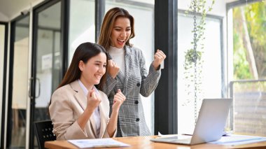 Two cheerful and excited millennial Asian businesswomen celebrating their project success together in the office, looking at laptop screen.