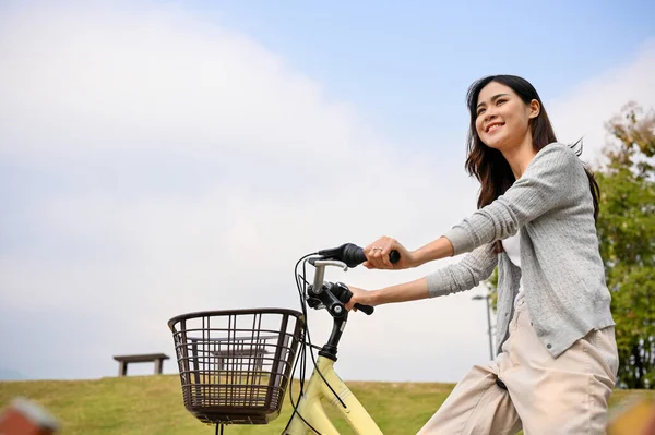 Happy Carefree Young Asian Woman Casual Clothes Bike Riding Bike —  Fotos de Stock