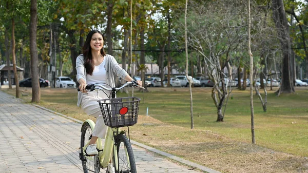 Happy Attractive Young Asian Woman Casual Clothes Riding Bicycle Road —  Fotos de Stock