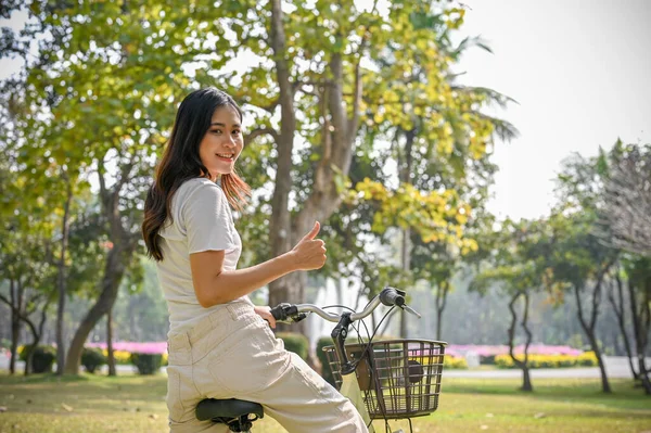 Happy Chill Young Asian Woman Casual Clothes Bike Beautiful Nature —  Fotos de Stock