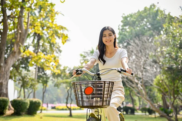 Charming Chill Young Asian Woman Casual Clothes Riding Bike Beautiful —  Fotos de Stock