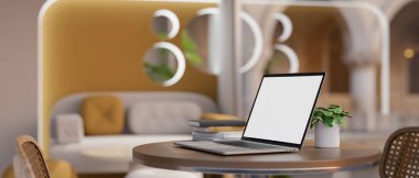 Side view, Portable laptop white screen mockup on tabletop in stylish modern coffee shop or restaurant. 3d render, 3d illustration
