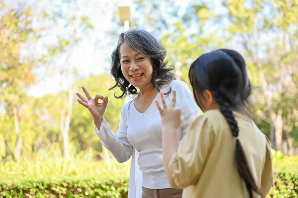 Cheerful Happy Asian Grandmother Granddaughter Showing Okay Hand Sign Playing — Fotografia de Stock