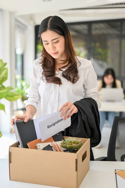 Sad Unhappy Young Asian Female Office Worker Resignation Letter Her — Foto de Stock