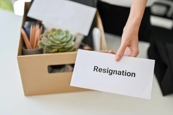 Close Image Female Office Worker Cardboard Box Table Handing Resignation — Fotografia de Stock