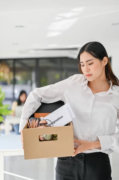 Portrait Sad Upset Young Asian Female Office Worker Carrying Her — 图库照片