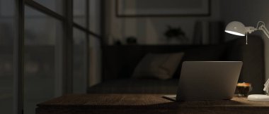 Close-up image of a portable laptop, a coffee cup, table lamp and copy space on wood coffee table in modern living room at night. 3d render, 3d illustration