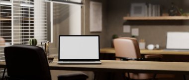 Modern office co-working room with laptop computer white screen mockup and decor on wood tabletop. 3d render, 3d illustration