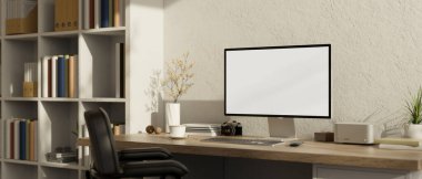 Minimal and comfortable home woking room interior design with PC desktop computer mockup and accessories on wood table against white wall, bookshelves and office chair. 3d render, 3d illustration