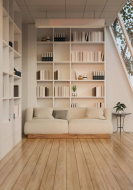 Lüks çağdaş ev okuma odası ya da oturma odası iç tasarımı büyük kitaplıklar, rahat beyaz kanepe, yan masa ve ahşap döşeme. 3d görüntüleme, 3d illüstrasyon