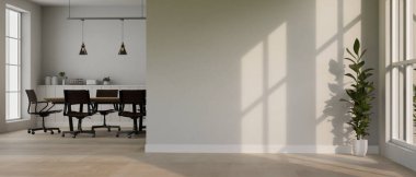 Minimalist parlak ofis iç tasarımı, toplantı odası resmi toplantı masası ve ürününüz ya da kelime sunumunuz için boş beyaz duvar. 3d görüntüleme, 3d illüstrasyon