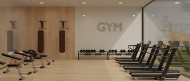 Modern and comfortable sport club or fitness gym interior design with professional sport equipment, treadmill running machines, sport benches, punching bags and dumbbells. 3d render, 3d illustration