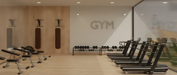 Modern and comfortable sport club or fitness gym interior design with professional sport equipment, treadmill running machines, sport benches, punching bags and dumbbells. 3d render, 3d illustration