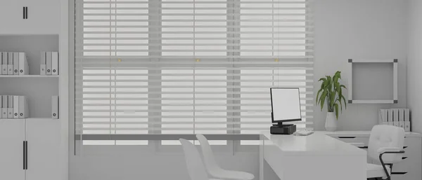 Modern white private office interior design with computer on a white desk, chairs, and office supplies. doctor office, business office, working room, teacher's room. 3d render, 3d illustration