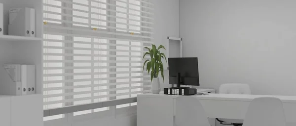 Modern white private office interior design with computer on a white desk, shelves with office supplies, window with window blinds. doctor office, clinic, business office. 3d render, 3d illustration
