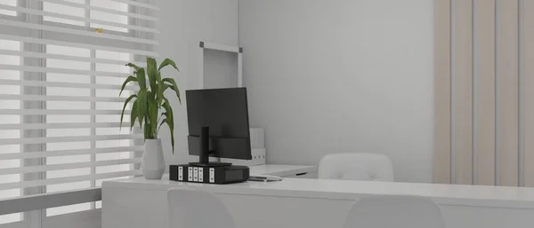 Modern white private office interior design with computer on a white desk against the window with window blinds. doctor office, business office, working room. 3d render, 3d illustration