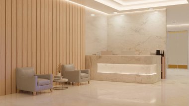 Luxury and elegance beauty salon or office reception area interior design with luxury marble reception counter, armchairs against wood plank wall, white marble wall. 3d render, 3d illustration
