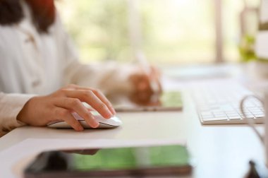 Side view image of a businesswoman working at her desk, using wireless mouse, working on her tasks on computer.