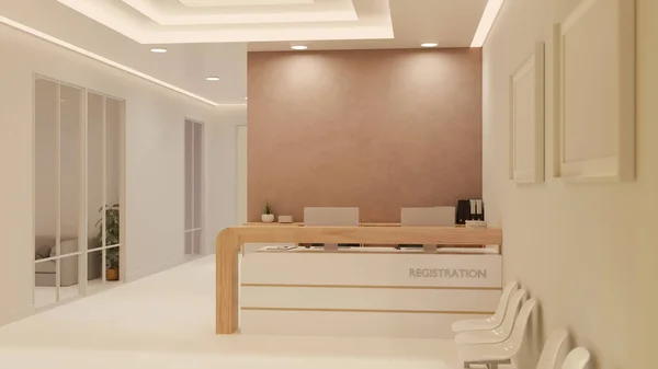 Luxury elegance lobby or front desk interior design with registration counter, waiting seats, corridor, luxury ceiling with lights and decor. spa or beauty clinic reception. 3d render, 3d illustration