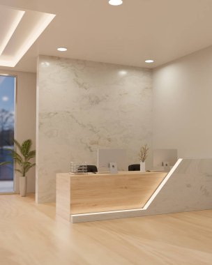 Luxury elegance lobby or reception area interior design with modern reception counter with computer, white marble wall, luxury ceiling with lights, hardwood floor. 3d render, 3d illustration