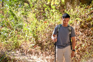 Active Asian man with trekking gear hiking, trailing, trekking alone at the rocky mountain on the sunny day. exploring, adventure activity concept