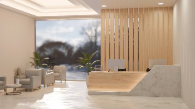 Beautiful modern lobby interior in white marble and wood style with waiting area and reception counter, armchairs, wood partition wall, large window, elegant ceiling. 3d render, 3d illustration