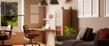 Modern and comfortable office studio interior design with workstation, armchair, comfortable couch and decor. 3d render, 3d illustration