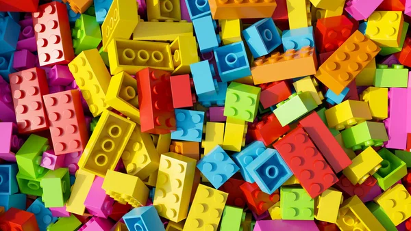 Web banner background or presentation background of a pile of multicolored plastic building blocks. kids\' toys concept. 3d render, 3d illustration