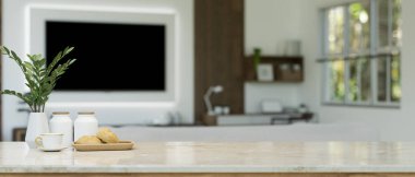 Copy space on marble tabletop with bread basket, a coffee cup and ceramic vase over blurred background of modern living room. 3d render, 3d illustration