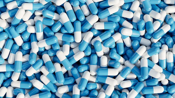 Pile of pills background, pill capsules in white and blue. drug or vitamin capsules. Medical concept. 3d render, 3d illustration